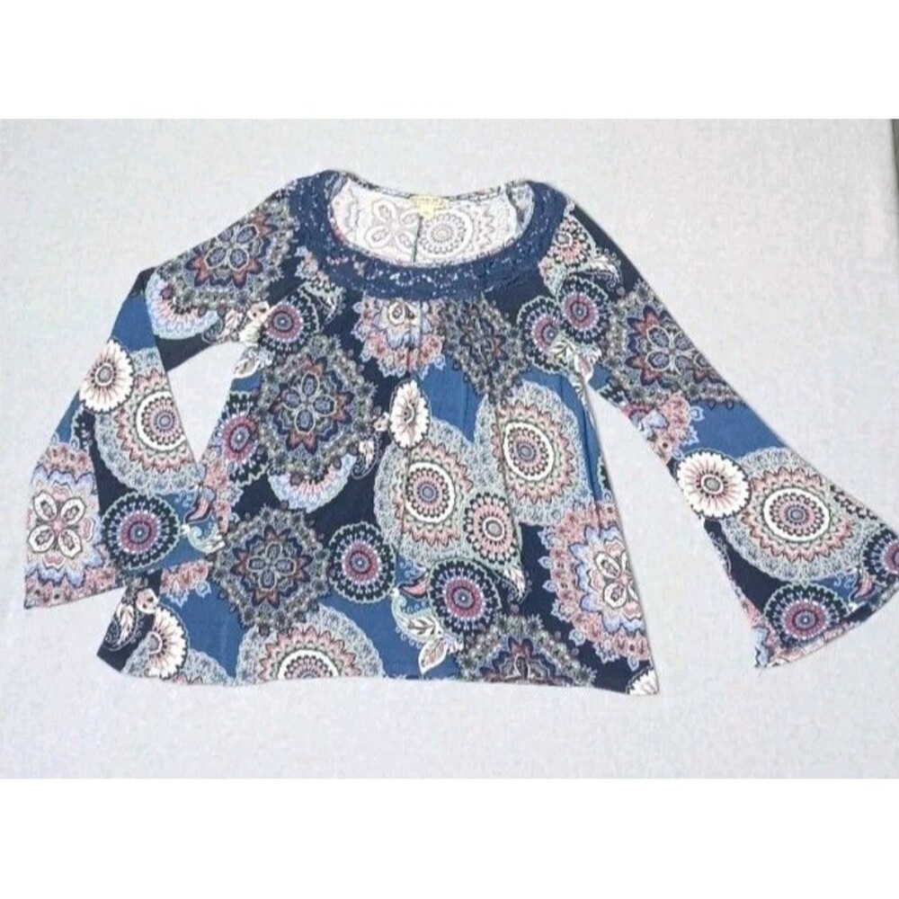 Energe World Wear Bell Sleeve Tunic Blouse Size Large Multicolor Mandela Boho